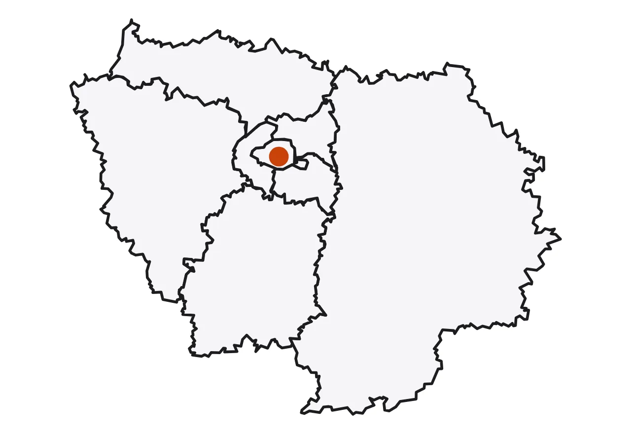 Les huit départements d'Île-de-France desservis au même forfait : carte des huit départements d'Île-de-France, contours réels, Paris au centre